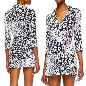 NWT DVF Romper Celeste Feather Leopard 100% Silk Jersey 3/4 Sleeve Size 12 Mono